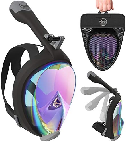 Aleoron - Foldable Full Face Snorkel Mask for Adults and Youth (Women & Men) - Anti Fog Snorkeling Mask Full Face with Action Camera Mount - UV Panoramic 180 Dive Mask Seaview Diving Mask Set