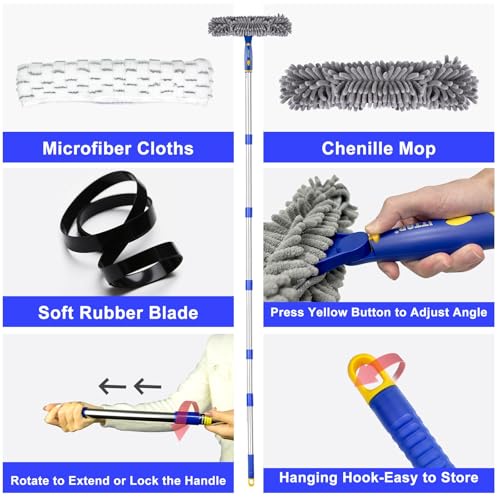 Image of ITTAR Window Squeegee with 88 Inch Extension Pole, Rotatable Window Cleaning Kit with Long Handle, Rubber Blade & Microfiber /Chenille Pads Glass Cleaner Tool for Outdoor Windows, Glass, Car