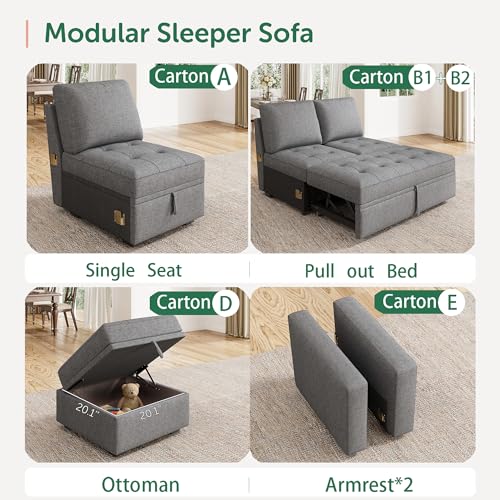 Image of HONBAY Modular Sectional Sleeper Sofa with Pull Out Bed, L Shaped Couch with Storage Seat Sectional Couches for Living Room,Mid Grey