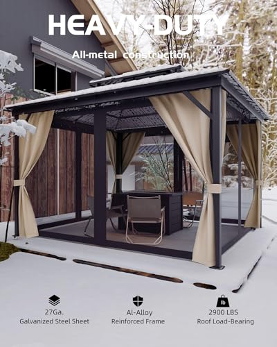 Hardtop Gazebo 10'x12' for All Weather, with Waterproof Double Metal Roof, Aluminum Alloy Frame, Net, and Curtain, Permanent Building for Patio, Deck, Backyard, Lawn, and Garden, Khaki