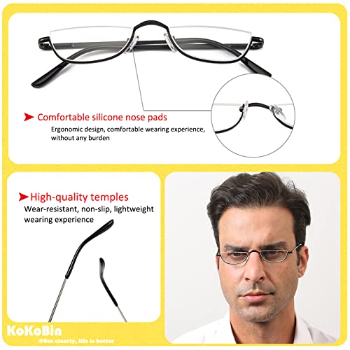 Kokobin Half Reading Glasses - 2 Pairs Half Rim Metal Frame Glasses Spring Hinge Readers For Men And Women, Black+Gunmetal 1.25 #TOP3