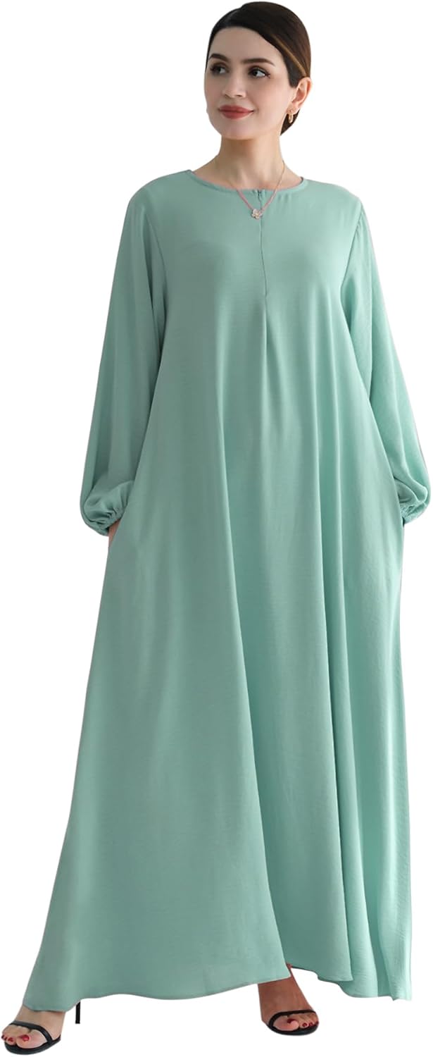 Muslim Women’s Abaya Dress Front Zipper Prayer Robe Soft Lightweight Flowy Maxi Dress with Pockets and Belt