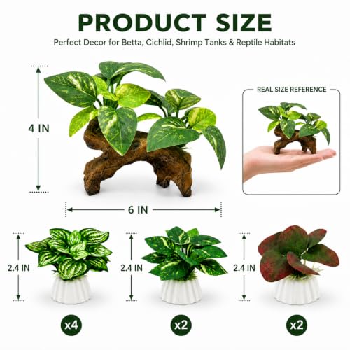 Image of 9-Pack Silk Aquarium Plants & Driftwood Cave Fish Tank Decor Accessories | Soft Silk Plants Aquarium Decorations, Fish-Friendly, Small Fish Tank Decorations for Betta, Shrimp, Cichlid Tank & Reptiles