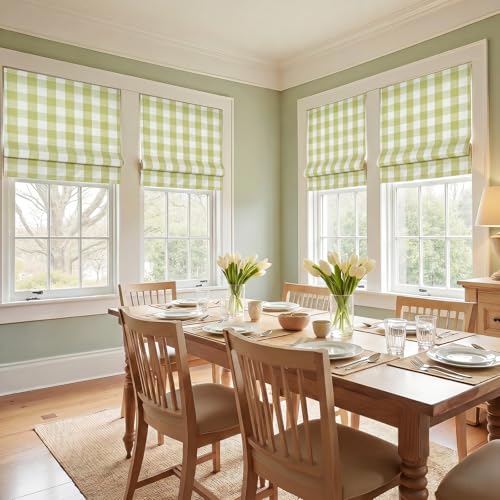 Image of TWOPAGES No Drill Cordless Buffalo Olivine Plaid Roman Shades Gingham Checkered Roman Blinds for Windows, Customized Room Darkening Blackout Blinds Farmhouse Shades, 1 Piece