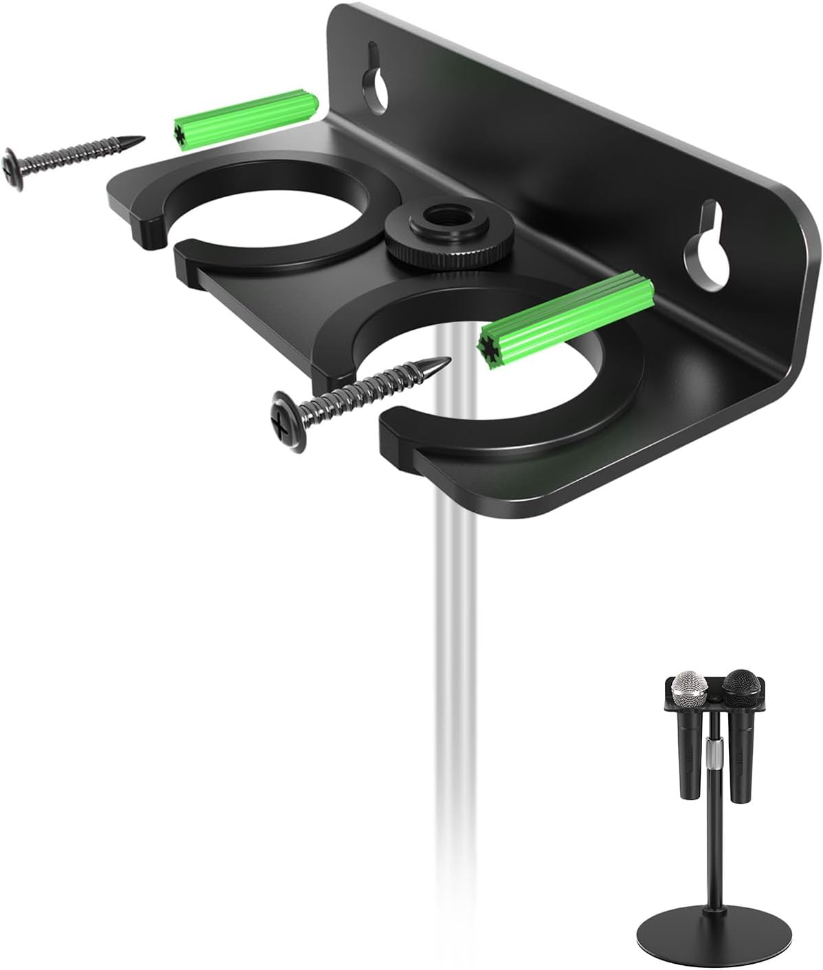 [2025 Upgrade ] Multi Microphone Holder for Mic Stand Storage Organizer for Handheld Dynamic Wired and Wireless Mics Wall Mounter or Rubber Padding to 5/8″-27 or 3/8″-16 Threaded – Up to 2 Mics