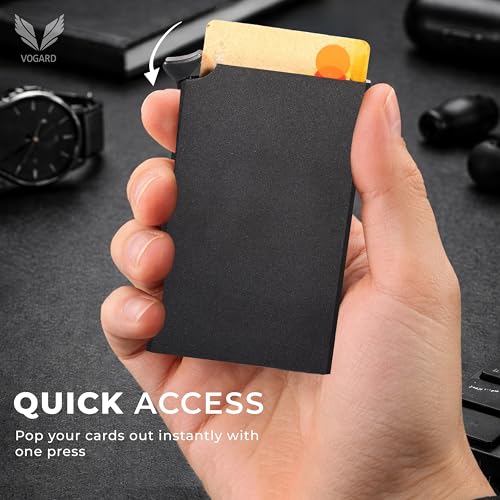 Image of VOGARD Slim RFID Card Wallet for Men & Women - Metal Minimalist Card Holder with Quick Access Button | Holds 5-6 Cards | Front Pocket Compact RFID Blocking Wallet (Black)