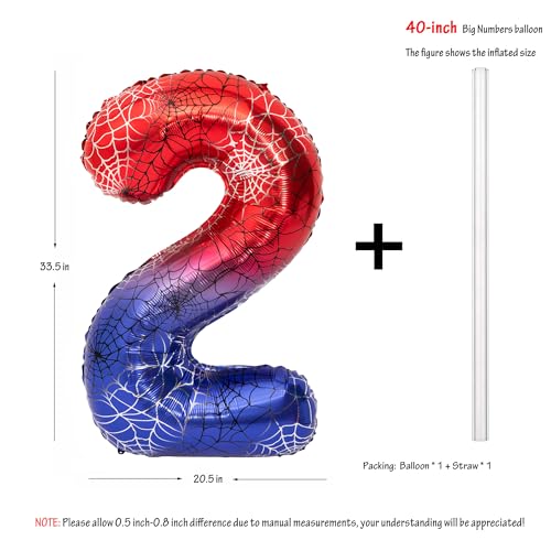 Image of 40 In Red And Blue Spider Theme Large Number 2 Balloon | Giant Large Helium Foil Balloon for Boy or Girl 2 th Birthday Wedding Anniversary Baby Shower Party Decorations