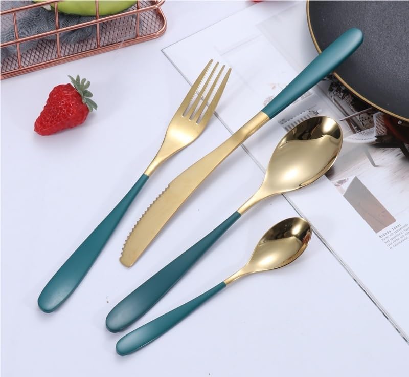 Silverware Flatware Set, 4/16/24/32/40/48 Pieces 304 Stainless Steel Cutlery, Forks, Spoons, Steak Knives, Hotel Restaurants (Color : Red Silver, Size : 4Set-16Pcs)