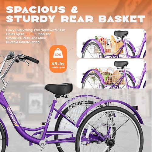 Image of Max4out Adult Tricycle with Large Basket 24 /26 Inch, Stable 3 Wheel Cruise Bicycle for Shopping, Beach and City Trike Perfect for Men, Women, Seniors（Blue /Purple /Red）