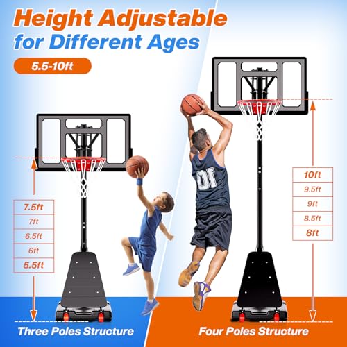 Image of AWII SPORT Basketball Hoop Outdoor 40&44&48 Inch Impact Backboard, 5.3-10FT Height Adjustable Basketball Hoop Goal System with Portable Wheels for Adults