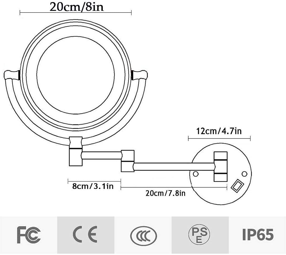 Specchio for Il Trucco Specchio cosmetico ingranditore Ricaricabile 1X/7X, for Bagno/Camera da Letto/Hotel, 3 opzioni di ingrandimento Disponibili