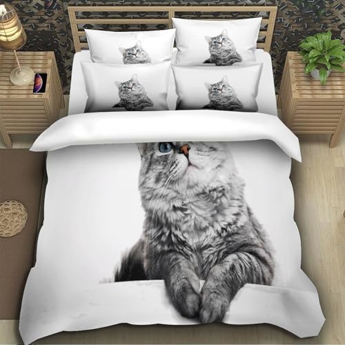 Housse de Couette Chat Gris 3D 140x200 microfibre avec taie d'oreiller