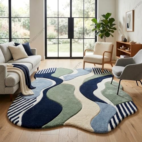 Image of Tauhid Carpet Super Soft Microfiber Shaggy Area Rug | Modern Irregular Abstract Blue, Green & White Plush Carpet | Fluffy Floor Rug for Living Room, Bedroom 6 x 8 Feet.