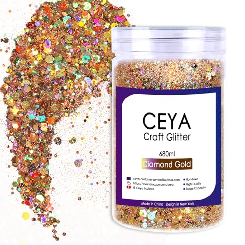 Image of Ceya Holographic Chunky Glitter, 1 LB/ 16OZ Diamond Gold Bulk Craft Glitter Mixed Chunky Fine Glitter Bottled Metallic Flake Nail Sequins for Resin, Tumblers, Scrapbooking, Festival Decor, Art Project
