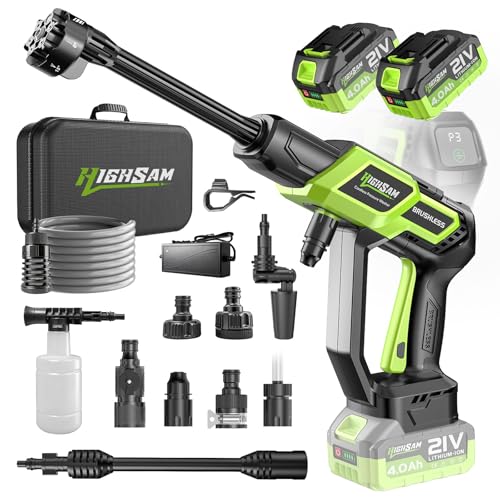 Nettoyeur Haute Pression à Batterie, Max 943 PSI avec 2 x 4000mah Batteries, Pulvérisateur de Mousse, 6-en-1 Multi-Usage Buse et 180° Buse Pivotante pour Le...
