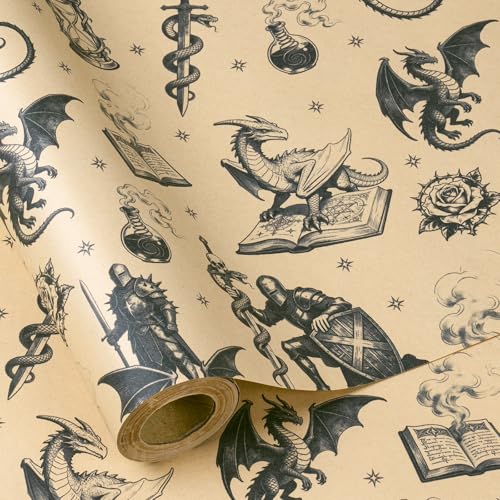 RUSPEPA Kraft Medieval Fantasy Wrapping Paper Roll Vintage RPG Themed Dragon Knight Design Mythical Kraft Gift Wrap Paper for Teens Adults Gamers Birthday & Themed Party 17 Inch x 16.4 Feet