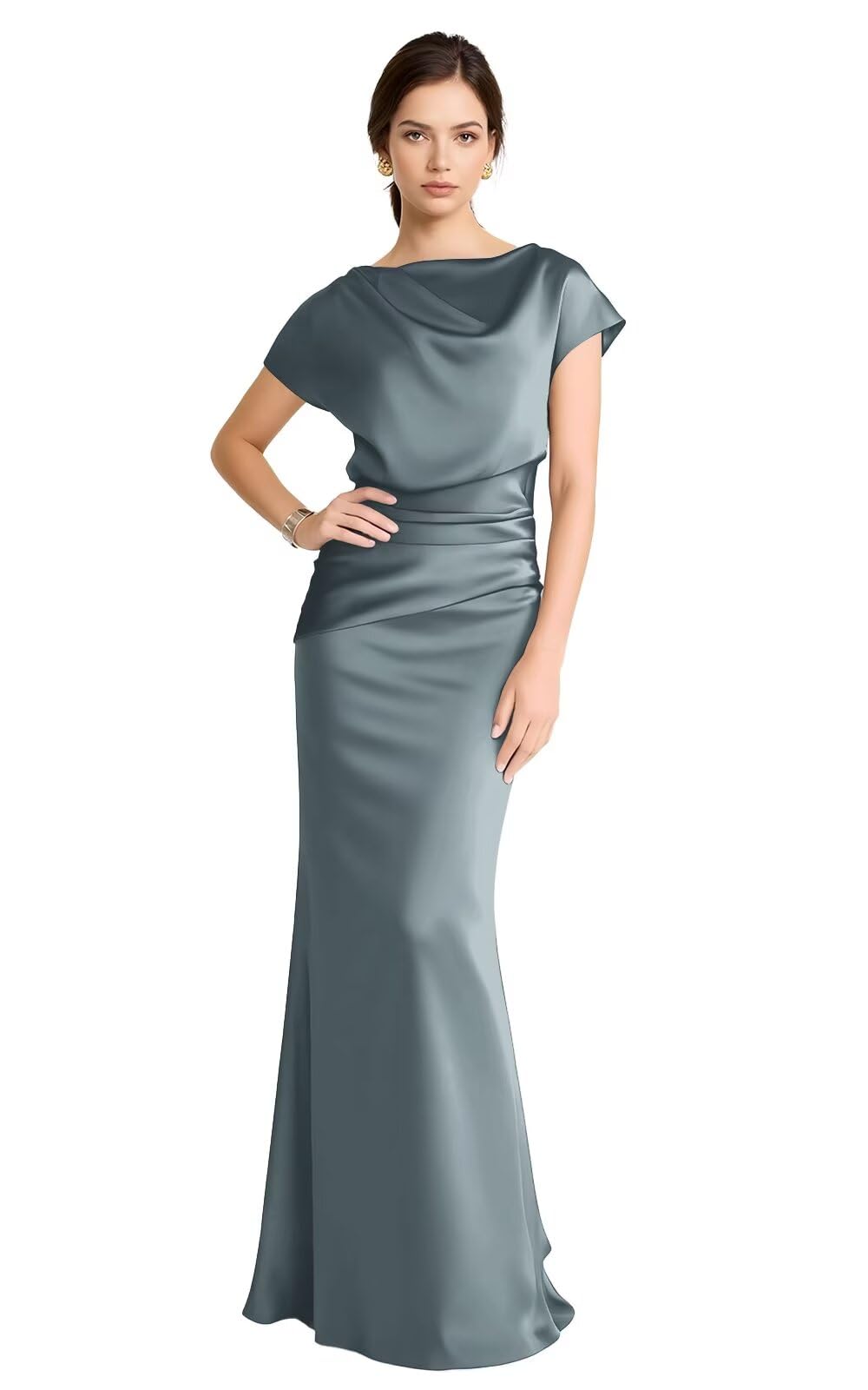 Satin Mother of The Bride Dress for Wedding Long Mermaid Ruched Cap Sleeve Cowl Neck Formal Wedding Guest