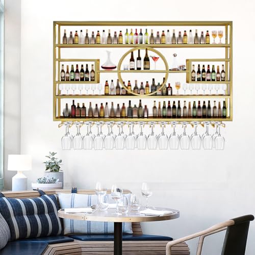 Image of 95in Wine Rack Wall Mounted, Large Capacity Hanging Wine Bottles Display Shelf with Glasses Holder, 4 Tier Industrial Bar Liquor Storage Shelves for Home Bar Kitchen,Living Room (Gold, 95in)