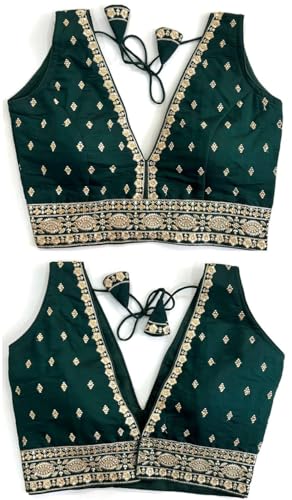 Women's Silk Deep V Cut Neck Embroidery Work with Handwork Sleeveless Readymade Blouse (38" Stitched and Upto 42" Margin)