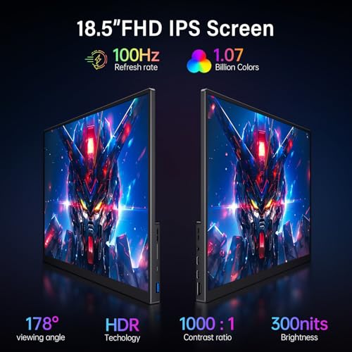 Image of Portable Monitor 18.5 inch 100Hz FHD USB-C HDMI Travel Monitor w /Built-in Kickstand, VESA & Speakers, Eye Care HDR Portable Gaming Monitors