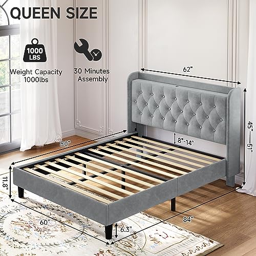 Image of koorlian Queen Bed Frame with Headboard, Adjustable Velvet Upholstered Bed Frame with Type-C&USB Ports, Wingback Storage Headboard, Solid Wood Slats Support, No Box Spring Needed, Light Gray
