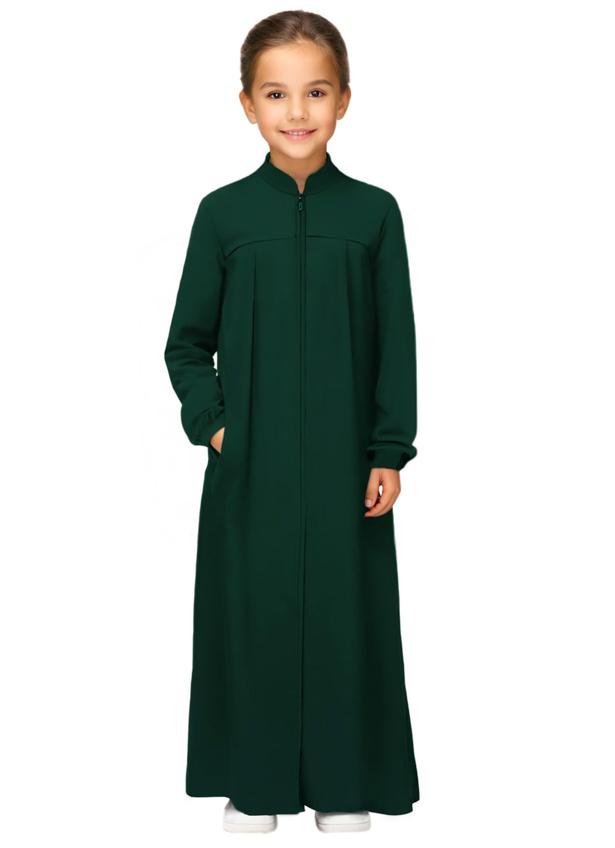 CadymileGirls Abaya Muslim Dress with Front Zipper 2 Pockets Dress Long Sleeve Solid Islamic Prayer Clothes for Kids