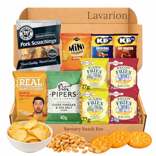 Pub Snacks Hamper 10 Pack Classic Savoury Pub Snacks Gift Box with Bacon Fries Scampi Fries KP Nuts Pork Scratchings Crisps & More Mens Snacks Gift by Lavarion