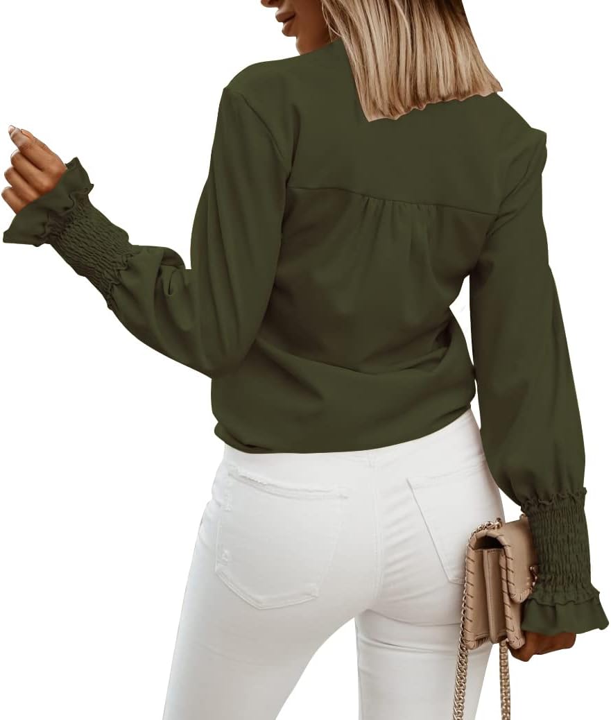 LYANER Women's V Neck Shirred Bell Long Sleeve Blouse Casual Tunic Top - Image 3