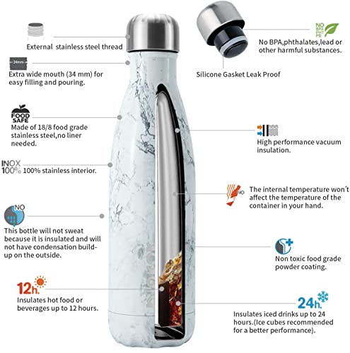 Image of BJPKPK Insulated Water Bottles 17oz Stainless Steel Sports Water Bottles Keep Cold for 24 Hours and Hot for 12 Hours,BPA Free,Marble Ice