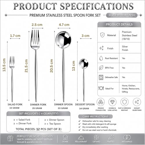 Image of Classic Silver 12 Pcs Stainless Steel Cutlery Set for Dining Table, Dishwasher Safe Glossy Flatware