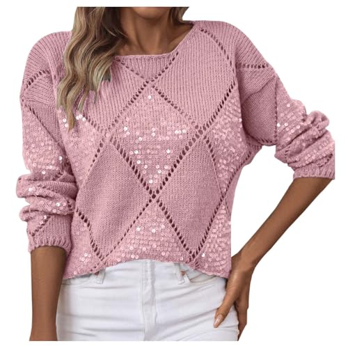 Pullover Damen Oversize mit Pailletten Rundhals Strickpullover Langarm Karierte Pulli Klassisch Sweater Freizeit Langarmshirt Pullover für Damen Business Oberteile