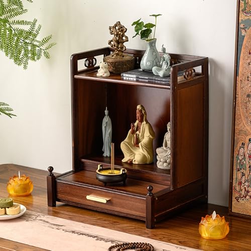 Mesa de meditación con almacenamiento y tallado de nubes, altar budista hecho a mano para espacios pequeños, tamaño compacto