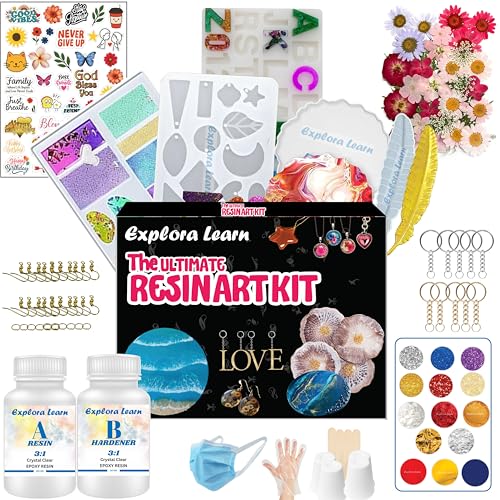 Image of exploralearn Resin Art Kit - DIY Alphabet, Jewelry, Keychains, Coasters & Bookmark with 300 gm Resin, Moulds, Dry Flowers & Stickers | Multicolor