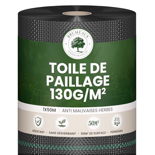 SKYLANTERN Toile de Paillage 130g/m² très épais - Geotextile Anti Repousse Gravier 50m x 1m (50m2) pour Terrasses et Allées - Bache Desherbant Anti Mauvaise Herbe 130g - Toiles de paillage Géotextile