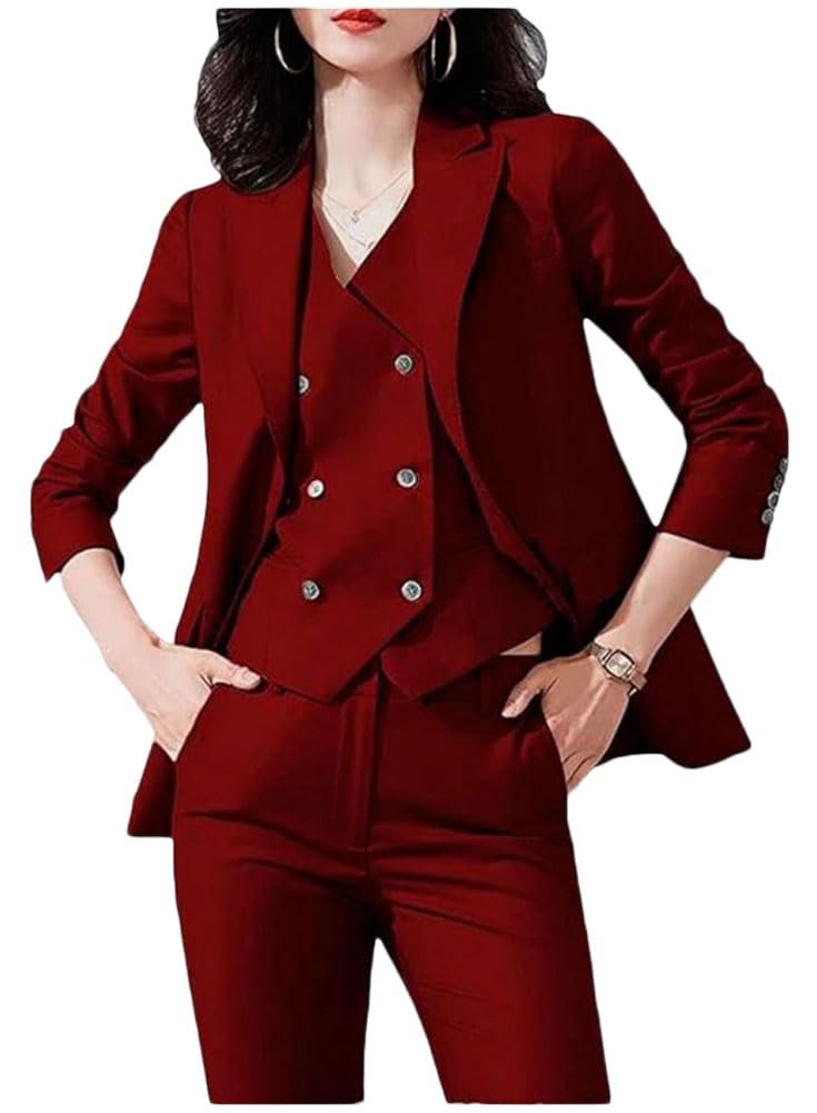 Botong Women's Burgundy 3 Piece Office Lady Suit Blazer Vest Pants Business Outfits Prom Party Suit Casual Wear Suit Set Xs