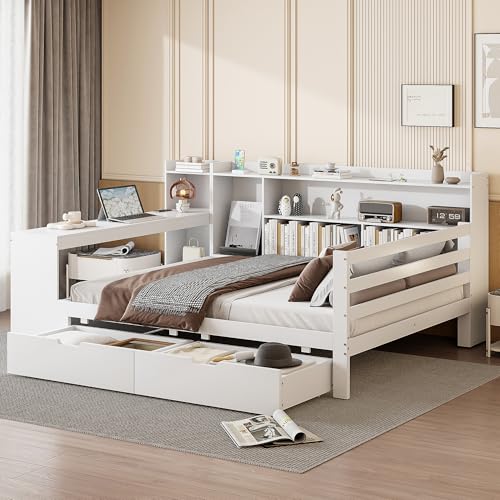 Sofá cama de madera maciza, con estantería de escritorio, estantes y estantes, con enchufe, con 2 estantes grandes, cama de madera multifuncional (blanco, 140 x 200 cm (con cajón))