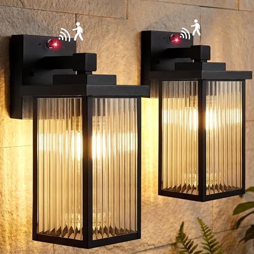hameso 2 Pack Outdoor Motion Sensor Lights, Dusk to Dawn Outdoor Wall Light Fixtures, Waterproof Exterior Lighting for Front Porch, Garage, Entryway, Yard, House (Black)