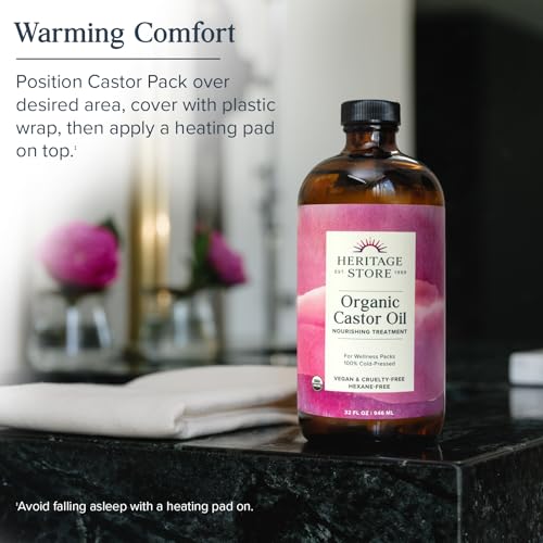 Image of HERITAGE STORE Organic Castor Oil Pack Wrap Kit - Soothing Castor Oil Packs, Heat Compress for Abdomen, Joints, Overall Health, 32oz Cold Pressed Organic Castor Oil, Two 12 x 27in. Wool Flannel Cloths