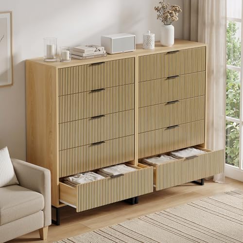 Image of Tall 5 Drawers Dresser Set of 2 for Bedroom, Natural Wood Dresser with Metal Handle, 49.2'' Chest of Drawers Modern Drawer Organizer with Large Drawers for Living Room, Cloest, Hallway