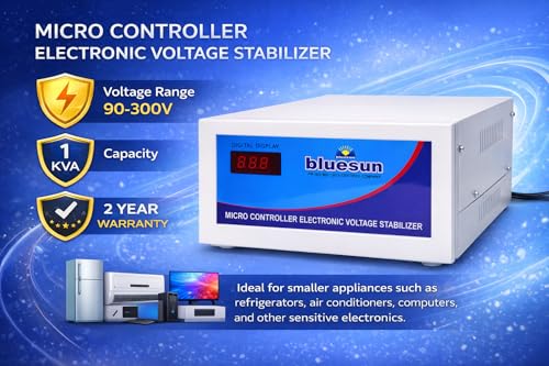 Image of Bluesun 1 KVA Automatic Voltage Stabilizer (90V-300V) for Home Appliances, LED TV & Refrigerator - High Performance Aluminium Winding, Digital Display & Low /High Voltage Cut-Off Protection