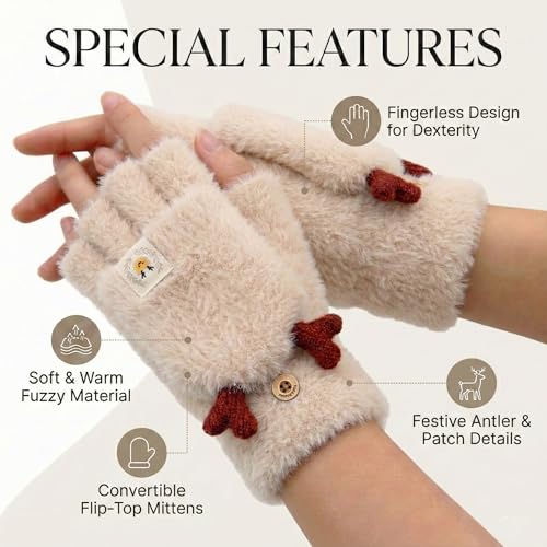 Image of Kraptick Women's Cute Reindeer Plush Convertible Fingerless Gloves - Winter Warm Fluffy Flip-Top Mittens - Korean Style Soft Hand Warmers for Girls & Ladies (Free Size, White)-3