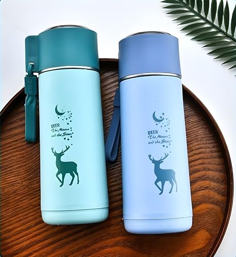 Image of Kid 450ml Water Bottle School Bottle, Cold Insulation, Leak proof & Break-proof, Kids Bottle, Easy to Carry Deer Print Water Bottle for Picnic, Office, Water Bottles with Steel Cap (White)