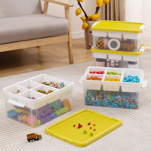 Image of Citylife 17 QT Plastic Storage Box with Building Baseplate Lid and Removable Tray Craft Organizers and Storage Clear Storage Container for Organizing Bead, Tool, Sewing, Yellow-4 Packs