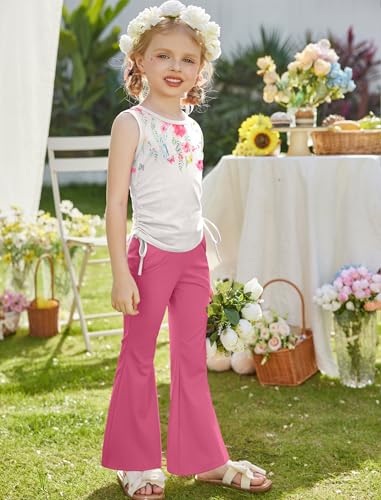 Image of Arshiner Toddler Girl Clothes 2 Piece Outfits Side Adjustable Drawstrings Tank Tops and Flare Leggings Pant Set