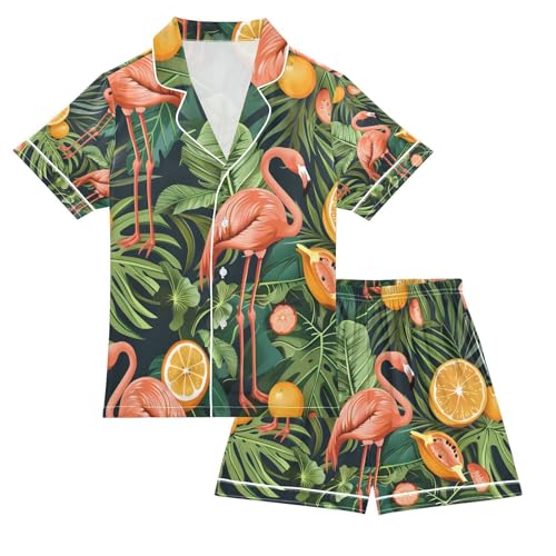 senya Orange Flamingos Satin Summer Pajama Sets Silk Short Sleeve Button Down Sleepwear