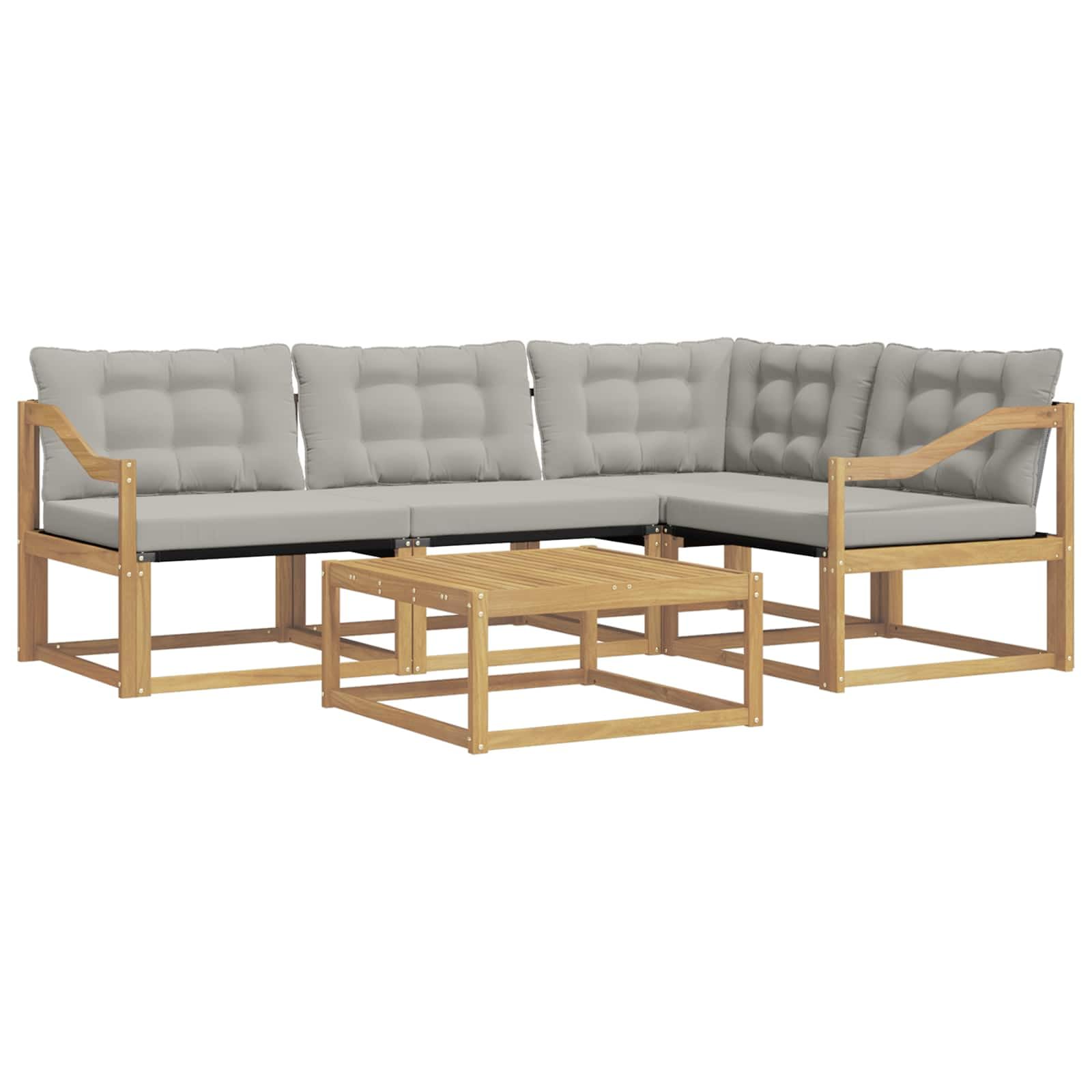 Juego de sofá para exteriores, 5 piezas, blanco y gris claro, 79 x 79 x 37 cm, juego de sofá modular con marco de madera de acacia resistente y cojín textil para una cómoda sesión en el jardín