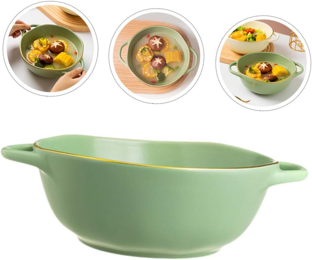 Ceramic Double Handle Baking Dish and Salad Serving Bowl Matcha Green, Oven-safe Soup Bowl for Restaurant and Home Use, Sturdy Ceramic Dinnerware for Entertaining