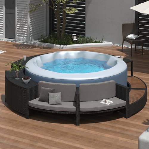 Outdoor All Weather Spa Surround Spa Frame with Storage Spaces and Acacia Wood Seats Patio Rattan Conversation Sofa Set with Waterproof Cushion Free Combination (Grey-spa)