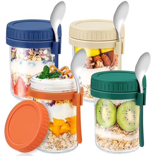 Image of 16 Oz Glass Overnight Oats Containers with Lids and Spoon Chia Pudding Jars
