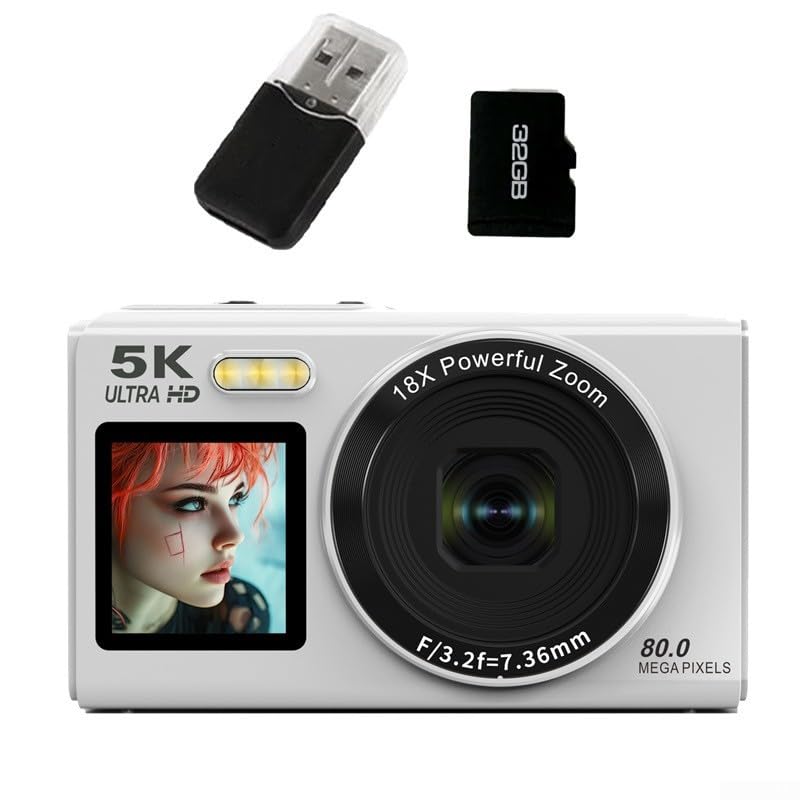 Digitalkamera 5K – 80MP FHD Kompakt-Digitalkamera – 18-facher Digitalzoom tragbare Fotokamera mit 7,1 cm LCD-Bildschirm – Vlogging-Kamera für Studenten (ohne SD-Karte) (Weiß 32G)